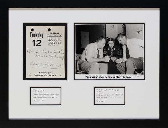 Framed calendar page and photograph related to The Fountainhead film
